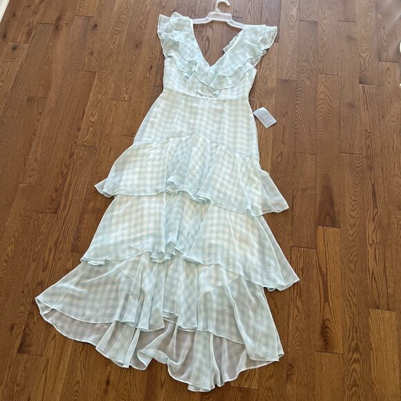 WAYF Blue Gingham Ruffle Maxi Dress | New With Tags Wedding Guest Cocktail Dress - Picture 1 of 8